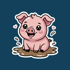 A cartoon pig sitting in mud with hearts floating around it on a dark blue background sticker style