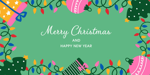 Merry Christmas and Happy New Year holiday banner. Frame for holiday garland, gift box, and decorative ornament. Festive background for the winter season.