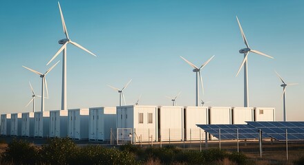 Minimalist Clean Energy Storage Solution with Wind Turbine and Solar Panel Array