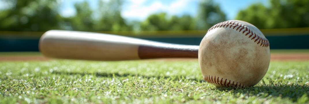 A Vibrant Baseball Scene Featuring a Ball on Green Grass with a Bat Ready for Action in Stadium