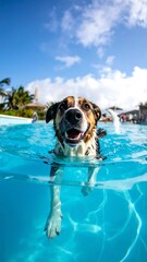 Joyful dog swimming in a clear blue pool under a bright sunny sky
