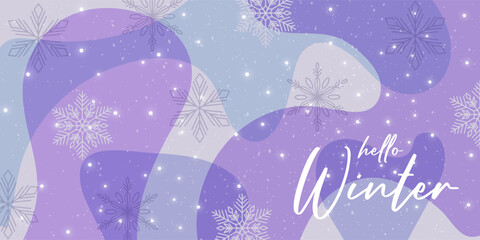 Winter violet and blue abstract background with snowflakes and falling snow.