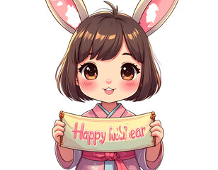  Kawaii Rabbit Holding “Happy New Year” Banner, Year of the Rabbit Clipart, isolated