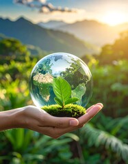Hand holding earth-shaped glass globe with plant growing in green environment