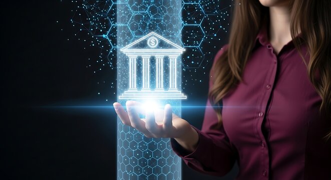 Futuristic Digital Bank Building Graphic Held by Woman Illustration