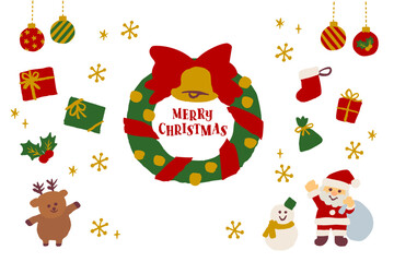 手描き風のクリスマスリースとサンタクロース、トナカイや雪だるま、プレゼントが並ぶかわいい冬のイラスト素材