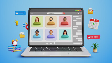 Business people, video conference, online meeting, online presentation or discussion, digital meeting. Virtual group communication and global webinar call on 3D laptop