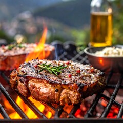Juicy grilled steaks on a BBQ with flames, beer, and mountain view