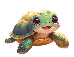  Kawaii Turtle with Floating Hearts, Smiling, isolated