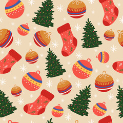 A hand-drawn Christmas seamless pattern with a decorative tree, stocking, ornament, and snowflake. A winter holiday background for textiles, printing, and packaging.