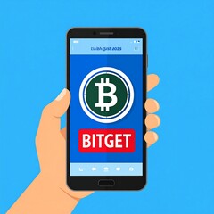 Hand holding smartphone with Bitcoin symbol and "BITGET" on screen
