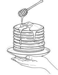 Hand holding stacked pancakes with honey drizzling from a honey wand