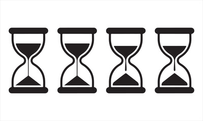 Hourglass sand timer vector set in black and white, silhouette icons representing time passage, patience, and countdown concepts