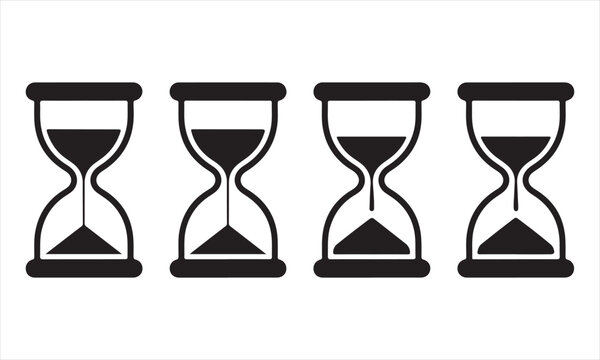 Hourglass sand timer vector set in black and white, silhouette icons representing time passage, patience, and countdown concepts