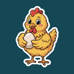 A cartoon chicken sticker holding an egg with a red comb and wattle on a blue background sticker