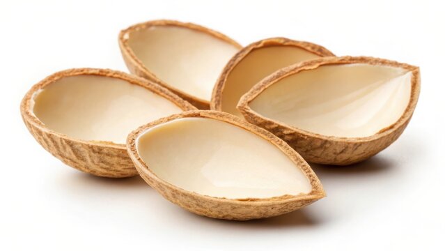 Empty almond shells scattered on a white surface