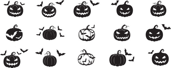 Obraz premium Collection of spooky halloween jack-o-lanterns and bats silhouette graphics for festive holiday decorations and designs vector