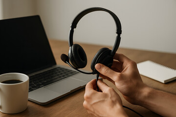 Man adjusting modern wireless over ear headphones , close up of hands