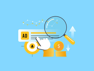 PPC advertising analysis optimizes pay per click campaigns. Ad performance metrics, ppc user clicks, cost stacks, revenue arrows, trend graphs for enhanced digital marketing ROI. Vector illustration