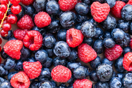 A plate with berries. Blackcurrants, raspberries and blueberries top view.