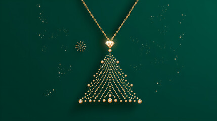 Golden chain Christmas tree with diamonds on green background