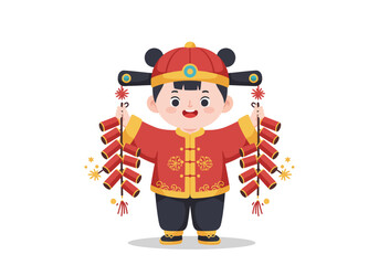 Boy Celebrating Chinese New Year with Firecrackers.