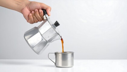 Hand pouring freshly brewed coffee into a stainless steel cup