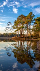 Lakeside autumn scene with trees reflecting in still water under blue skies
