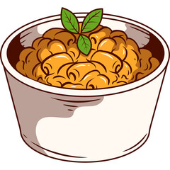 Hand drawn illustration of macaroni and cheese in a white bowl with green herb garnish on a transparent background