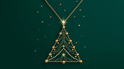 Gold chain shaped like Christmas tree with diamonds on green background