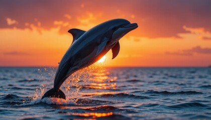 Fototapeta premium A dolphin jumps over the sea surface illuminated by the setting sun. The splashes and silhouette of the animal create a feeling of energy, joy and harmony with nature