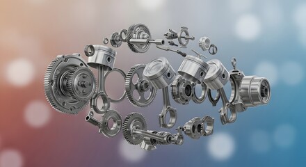 Detailed 3d render of a v8 engine crankshaft and pistons assembly with a soft bokeh background