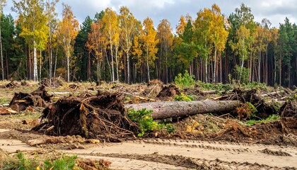 Landscape showing felled trees and an autumnal forest backdrop