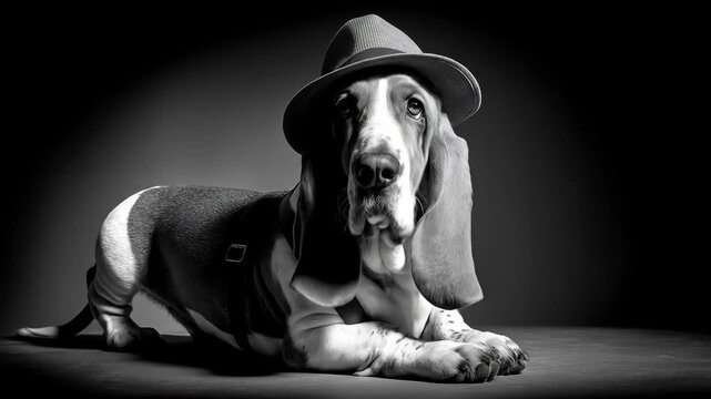 Basset hound dog portrait in fedora hat black and white studio shot