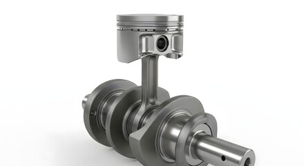 Close up of a single piston and connecting rod assembly attached to a crankshaft on a white background