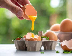 Hand pouring raw egg yolk from shell into carton with other eggs