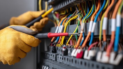 Electrical maintenance work industrial facility process documentation technical environment close-up view precision engineering