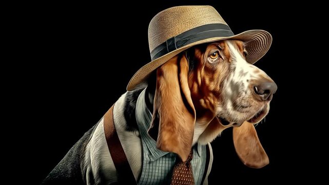 Basset hound portrait wearing hat and tie against black background