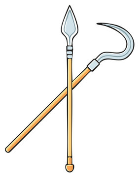 Ancient crossed weapons illustration featuring a spear and a hooked polearm