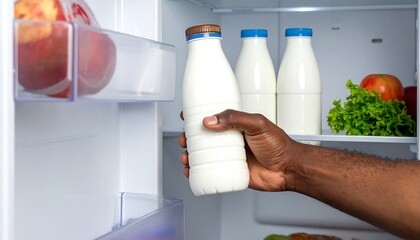 Hand removing a milk bottle from a refrigerator filled with food