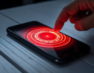 Hand touching glowing red interface on sleek smartphone screen