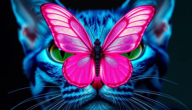 A neon blue cat with hypnotic green eyes, a bright pink butterfly on her nose. Surrealism, contrasting colors, the concept of predator harmony and fragility - Powered by Adobe