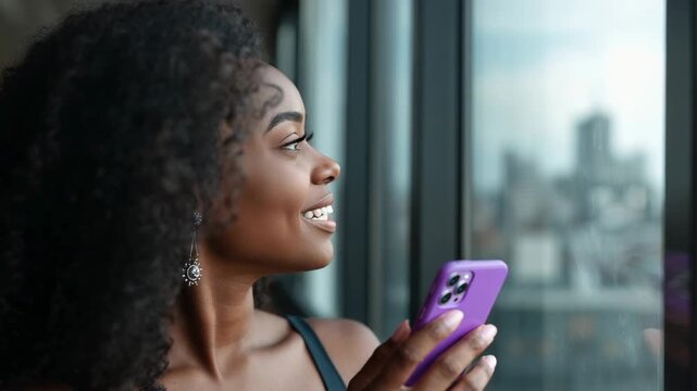 Capturing woman pivoting toward window in highrise apt, with phone and observing view, copy space