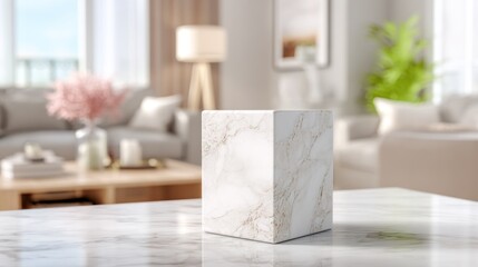 Elegant marble cube on a surface in a bright interior setting with copy space
