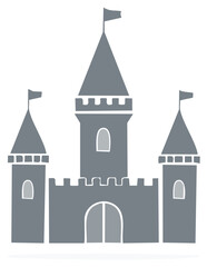Obraz premium Gray castle illustration with tall towers and flags and arched double doors