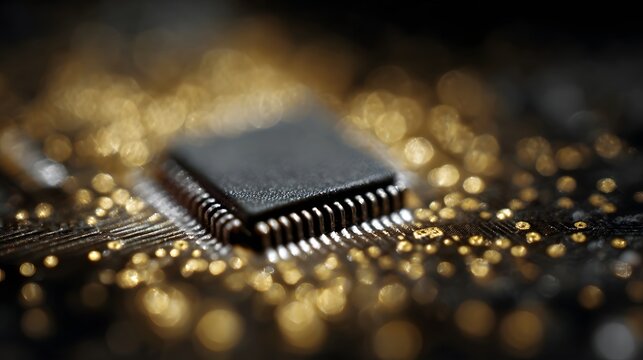 A close up  ro view of a black microchip and intricate circuit board pathways illuminated by soft golden bokeh lights symbolizing technology and