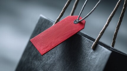 Close-up of a single shopping bag handle with attached red tag