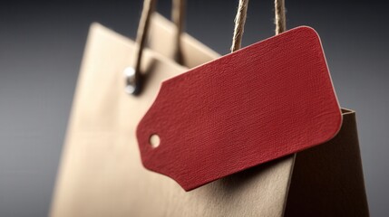 Close-up of a single shopping bag handle with attached red tag