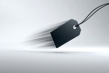 Close-up of a floating black tag in motion blur on white background, faint fragments trailing behind to imply speed