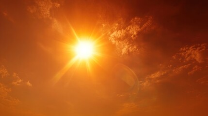 Bright sun shining through orange sky with clouds background illustration